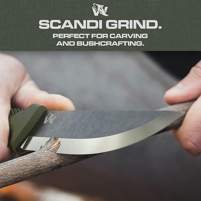 ODENWOLF W-SCANDI Full Tang Survival Knife with Sheath - Stylish Tactical Fixed Blade - Made of D2 Steel - Bushcraft and Camping Knife Survival - Perfect EDC Hunting Knife with TPE Handle