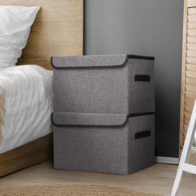 Bagnizer Large 17 42 Quarts Collapsible Stackable Storage Bins with Lids [3-Pack] Foldable Fabric Linen Storage Boxes Cube Closet Organizer Baskets with Label for Home (16.7 x 12 x 12 Gray)
