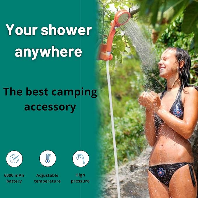 Portable Camping Shower 6000mAh Rechargeable - Outdoor Camp Shower Pump with Intelligent Digital Display for Hiking Travel Pet Bath Car Washing - Filtered Shower Head Multiple Spray Modes