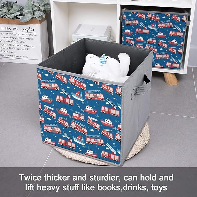 Foldable Storage Cube with Handles Firetrucks Fire Trucks Sturdy Collapsible Organizer Bin for Heavy Items like Books &amp Tools Reinforced Sides for Durability