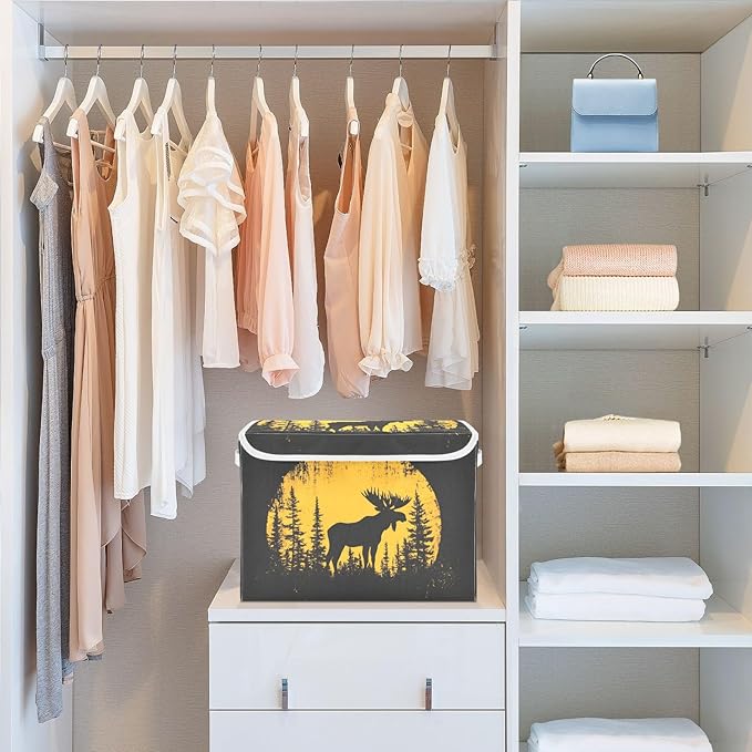 Storage Cube with Lid Moose Silhouettes Print 16.5×12.6×11.8 IN Collapsible Large Capacity Foldable Storage Basket Bin Organizer