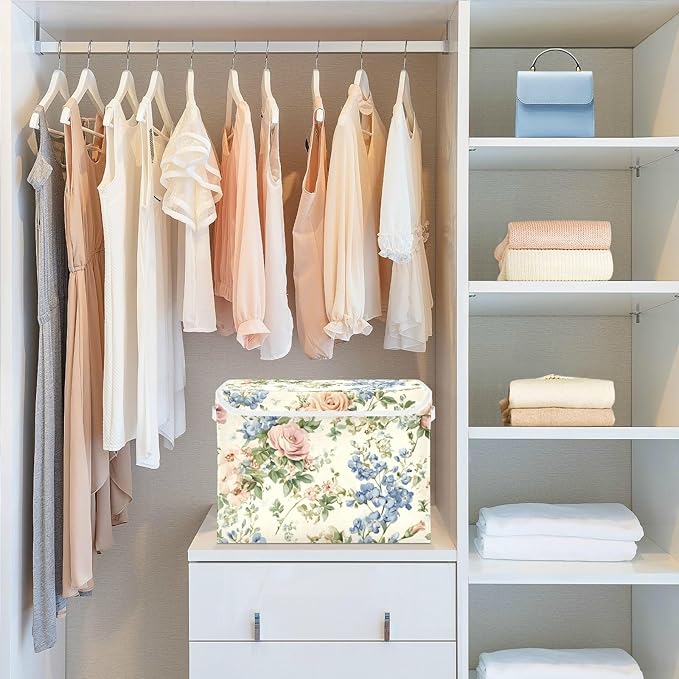 Collapsible Storage Bins with Lids Decorative Fabric Storage Cubes Closet Organizer and Storage Basket Boxes Containers for Clothes Box Chest Nursery Folding Rectangle Shabby Rose Bluebonnet