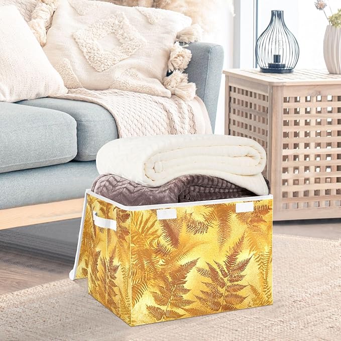 Storage Cube with Lid Golden Leaf Print 16.5×12.6×11.8 IN 1 Pack Collapsible Large Capacity Foldable Storage Basket Bin Organizer