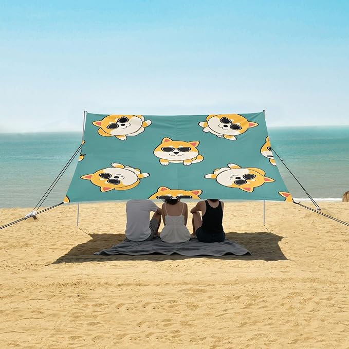 ALAZA Corgi with Sunglass Pattern Beach Tent Sun Shelter Portable Canopy Sunshade for Outdoor Camping Picnics Backyard Fun 10x9 ft