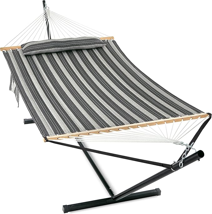 GAFETE 2 Person Hammock with Stand for Outside Heavy Duty Steel Stand Double 55inch Hammocks Large Removable Pillow Storage Bags Max 475 lbs Capacity (Mountain Mist Gray)
