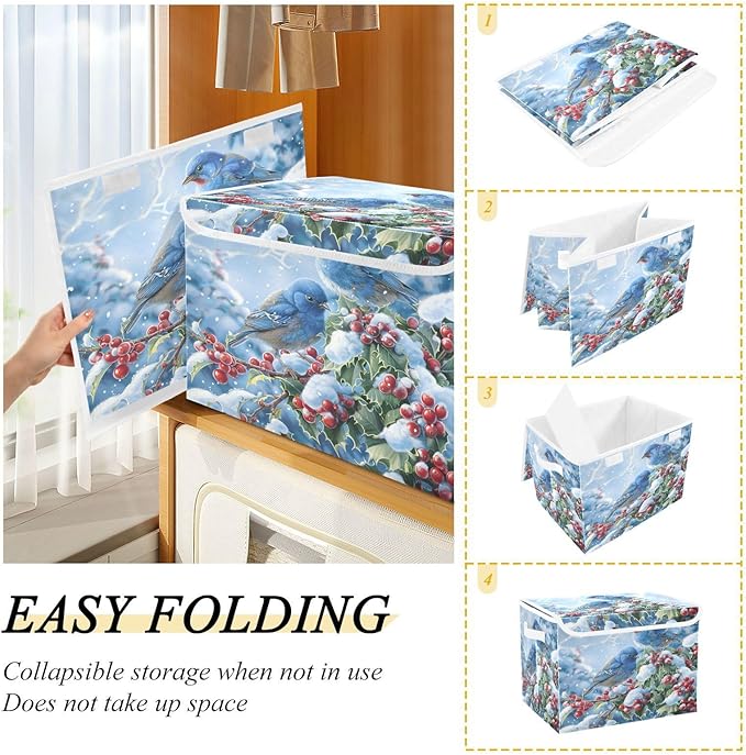 senya Winter Baskets Collapsible Storage Bins with Lids Blue Bird Evergreen Branch Storage Boxes Clothes Baskets for Organizing
