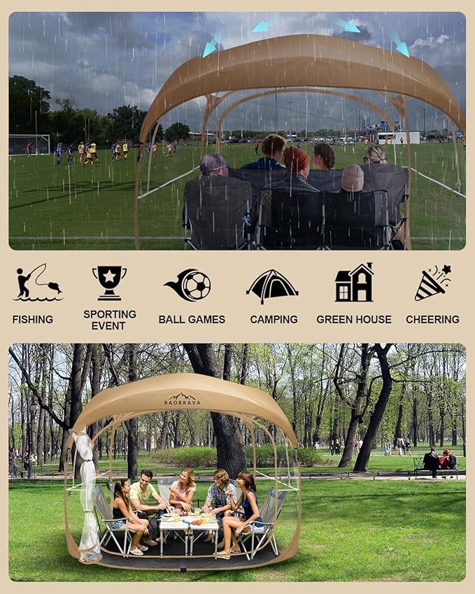Baobrava Pop Up Sports Tent - Thick PVC Scratch-Resistant Bubble Clear Tent Instant Weather Proof Pod with Extra Top Cover for Soccer Football Games Outdoor Events 5-6 Person