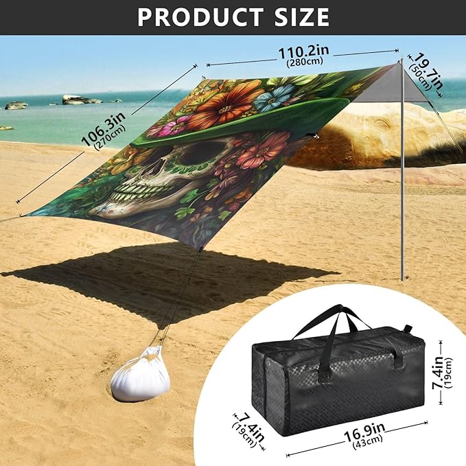 ALAZA St Patrick's Day Floral Skull Beach Tent Sun Shelter Portable Canopy Sunshade for Outdoor Camping Picnics Backyard Fun 10x9 ft