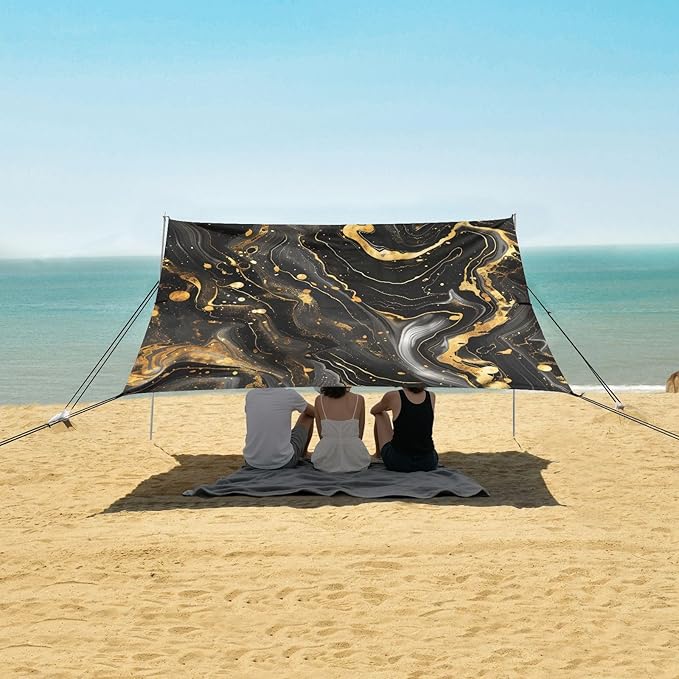 ALAZA Luxury Black &amp Gold Marble Beach Tent Sun Shelter UPF50+ Protection Beach Shade Canopy w/ 4 Sandbags for Outdoor Camping Fishing Backyard Fun Picnic 10x9 ft