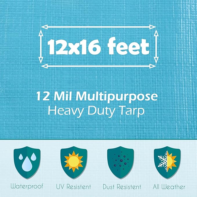 Tarps Heavy Duty Waterproof 12x16-12 mil Thick Camping Tent - Blue Tarp 12x16 UV Resistant Rip &amp Tear Proof with Metal Grommets – Multipurpose Use for Camping Tent Boat RV Car &amp Pool Cov