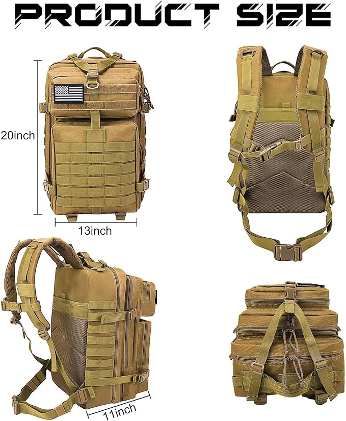 WOLT Military Tactical Backpack for Men 45L Molle Backpack 3 Day Assault Pack Bug Out Bag Heavy Duty Rucksack for Hiking Gym(Khaki)