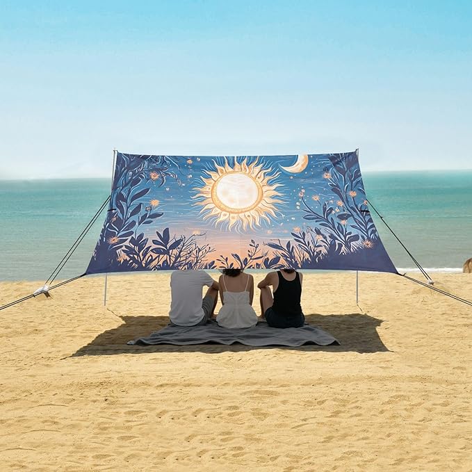 Sun Moon Art Beach Tent Sun Shelter Set UPF50+ UV Protection 10.5 x 9.19 FT Camping Shade Canopy with Sandbags Sand Anchors Carrying Bag and Others