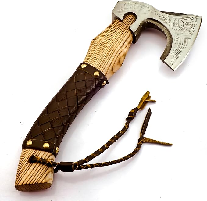 Custom Forged Carbon Steel Viking Style Bearded Axe - Real Hatchet Throwing &amp Camping Axe with Leather Wrap Best Gift for Anniversary Valentine's Day Birthday with Premium Leather Sheath