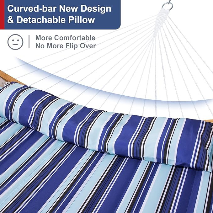 12 Ft Hammock with Stand for Outside 2 Person Hammock Freestanding with Curved Spreader Bars Pillow and Portable Bag Heavy Duty 450 Lbs Blue Stripes