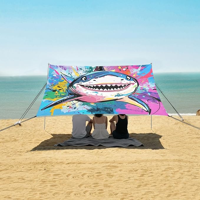Funny Sharks Beach Canopy UPF50+ Protection Lightweight Shade Sun Shelter with Sand Pockets for Camping Picnics Backyard