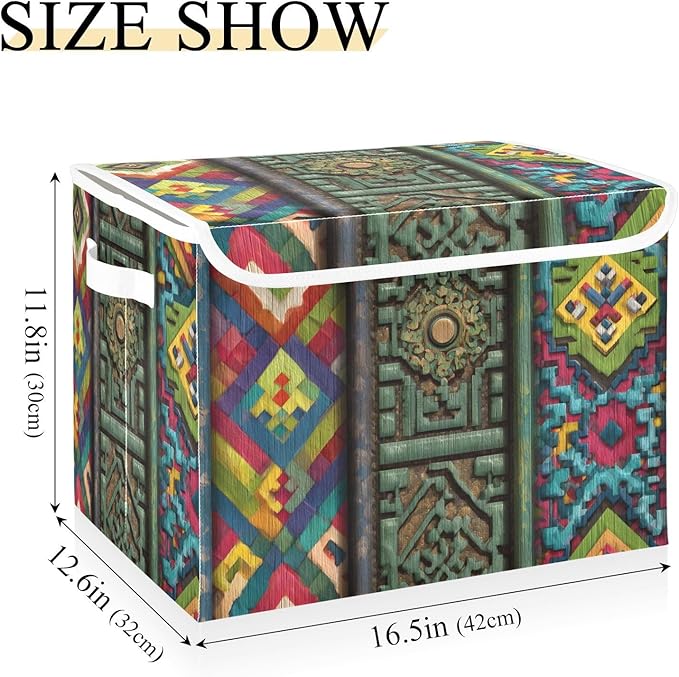 Tradition Pattern Large Storage Bins with Linen Foldable Storage Box Fabric Organizer Bin with Flip-Top Lid for Home Office 16.5 x 12.6 x 11.8 Inch