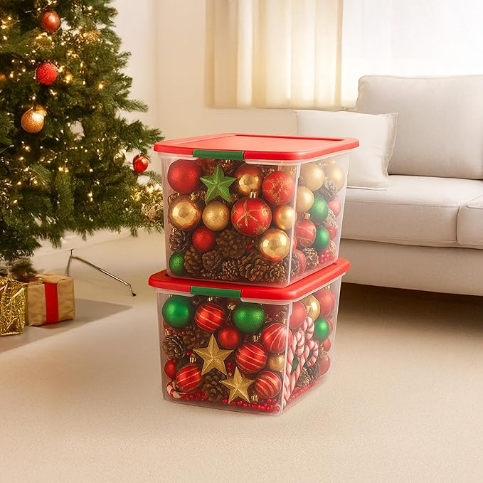 HOMZ 2 Pack Secure Latch Clear Plastic Storage Organizer Bins 64 Quart Red Lid - Stackable Container Boxes for Bedroom Bathroom Garage and Office Organization