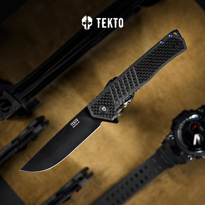 TEKTO F1 Alpha Folding Pocket Knife - Modified Straight Back BladeTitanium Coated D2 Steel Ideal for Outdoor Camping and Backpacking Tactical Carbon Fiber Handle Blue Titanium Accents