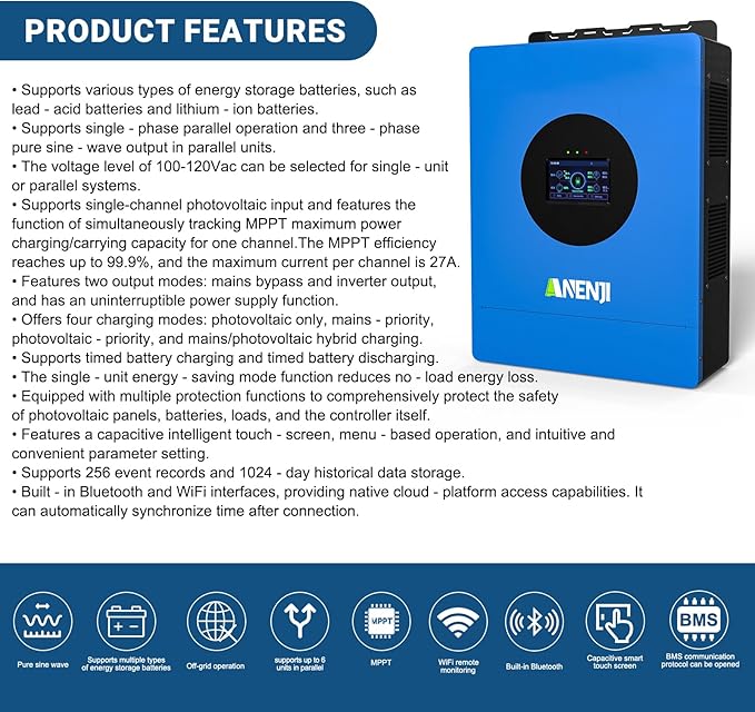 Hybrid Solar Inverter 6KW 48V Split Phase 120V Dual MPPT Charger ParallelMax PV Charging Current 120AMax. PV Input 9KW 500VDC Support 6 Units Parallel for Lead Acid Li Batteryless Run