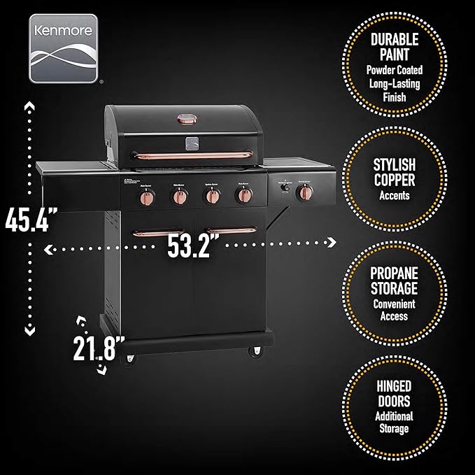 Kenmore 4-Burner BBQ Gas Grill with Searing Side Burner Propane Grill 52000 BTUs Warming Rack Electronic Ignition &amp Cast Iron Cooking Grates Black/Copper