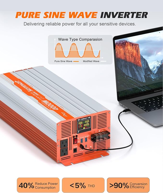 4000W Pure Sine Wave Inverter 12V DC to 120V AC Converter 8000W Surge for Vehicles RV Home Solar with Dual AC SocketsFast Charging Type-C PD100W Hardwire Port Remote Controller