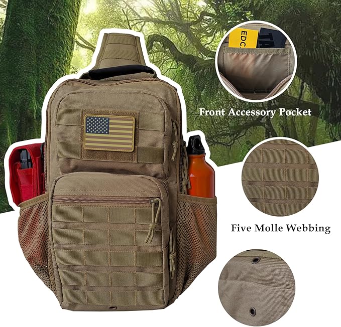 Tactical Shoulder Sling Bag Small Chest Pack 13L Backpack for Men Outdoor Sports Coyote