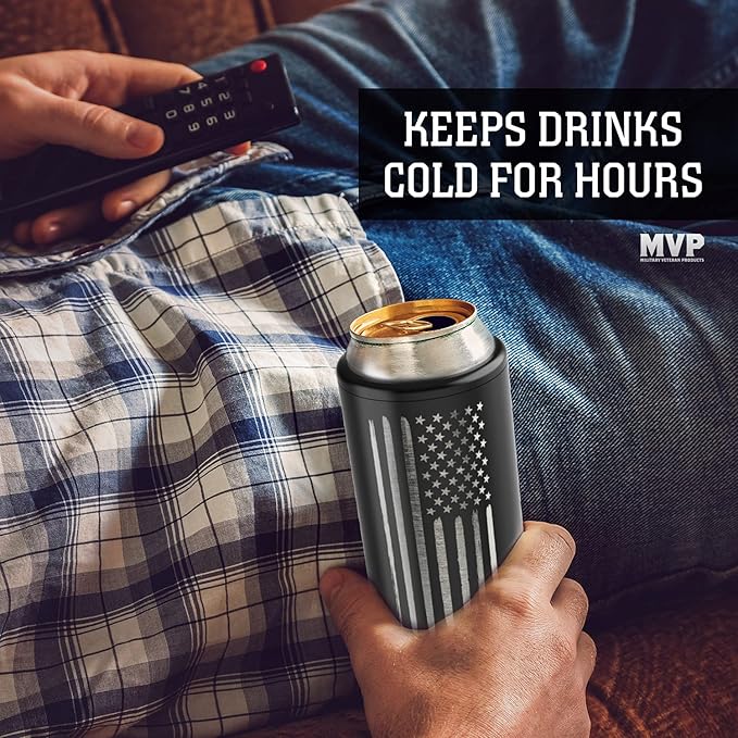 American Flag Skinny Can Cooler for Slim Beer &amp Hard Seltzer Cans | 12oz Stainless Steel Insulated Tall Can Cooler – Gifts for Veterans