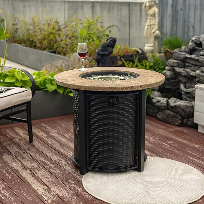 30'' Concrete Round Gas Fire Pit 50000 BTU Steel Outdoor Fire Tables Fire Table with Lid Add Warmth &amp Ambience to Gatherings and Parties On Patio Deck Garden Backyard.