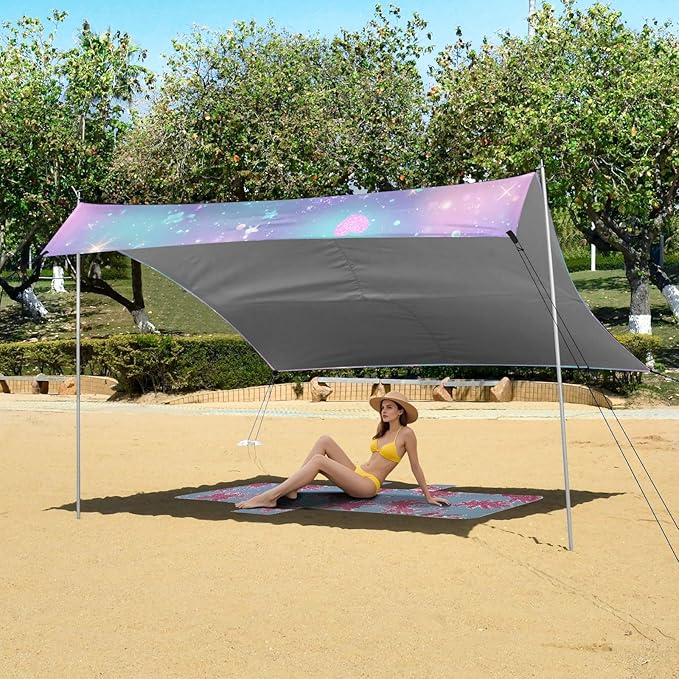 ALAZA Rrainbow Love Hearts Stars Beach Tent Sun Shelter UPF50+ Protection Beach Shade Canopy w/ 4 Sandbags for Outdoor Camping Fishing Backyard Fun Picnic 10x9 ft