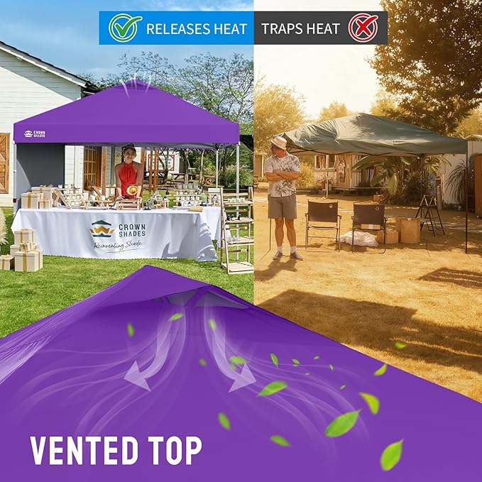 CROWN SHADES 10x10 Pop Up Canopy with 1 Side Wall - Beach Tent with One Push Setup - Outdoor Sun Shade for Events Parties Camping - Gazebo with STO-N-Go Cover Bag (Purple)