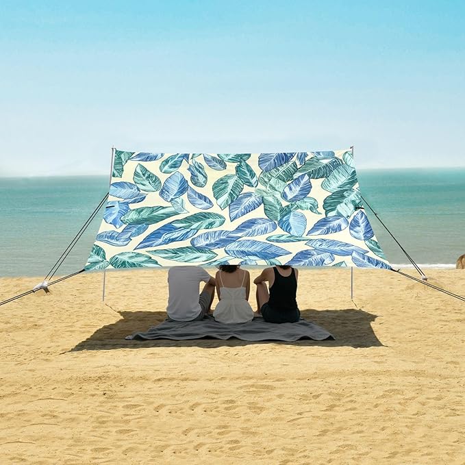 xigua Leaves Beach Tent Sun Shelter with Carrying Bag - Silver Coated Oxford Fabric Beach Canopy for Beach Camping Fishing - Includes Windproof Ropes Sandbags &amp Stakes