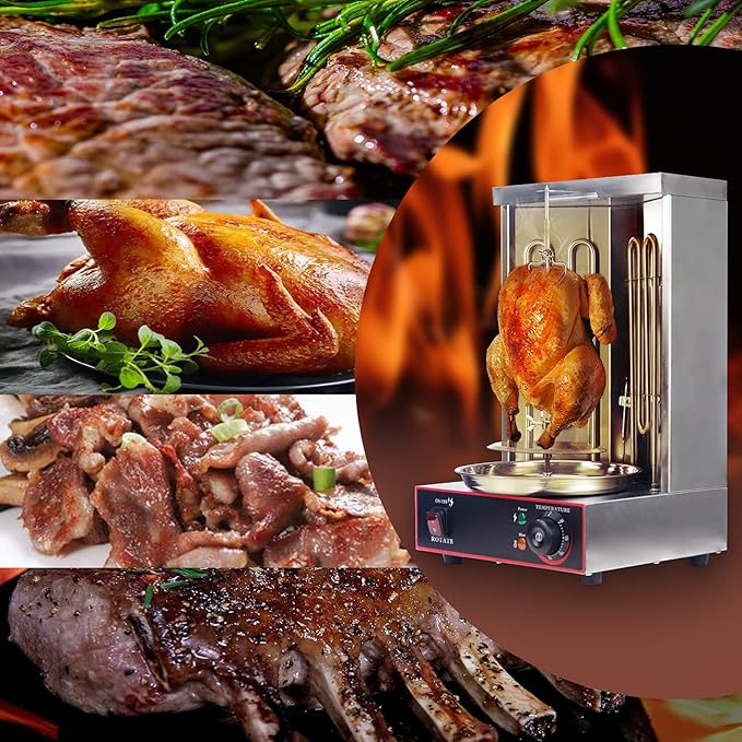 Li Bai Shawarma Machine Electric Vertical Kebab Grill Gyro Rotisserie Oven Meat Broiler with 2 Heating Tubes Stainless Steel Body 110V For Home Restaurant Kitchen（Registered Design Patent）