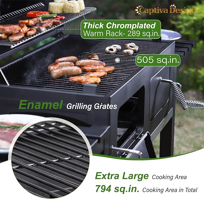 Captiva Designs Extra Large Charcoal BBQ Grill with Oversize Cooking Area(794 SQIN) Outdoor Cooking Grill with 2 Individual Lifting Charcoal Trays and 2 Foldable Side Tables