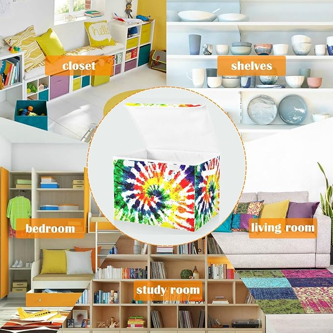 CaTaKu Large Fabric Storage Bins With LidsRainbow Tie Dye Storage Boxes With Handles for Organizing Clothes Collapsible Storage Cube Bins Baskets for Shelves