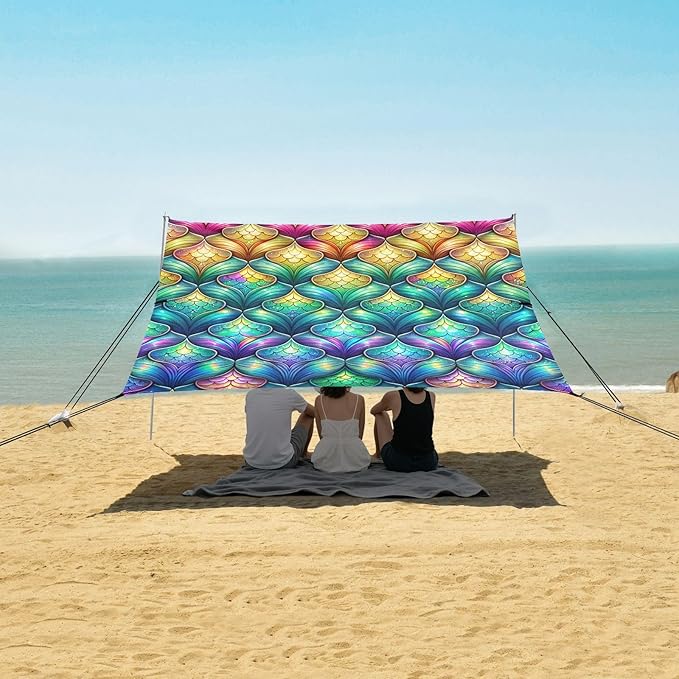 ALAZA Rainbow Mermaid Scale Colorful Beach Tent Sun Shelter UPF50+ Protection Beach Shade Canopy w/ 4 Sandbags for Outdoor Camping Fishing Backyard Fun Picnic 10x9 ft