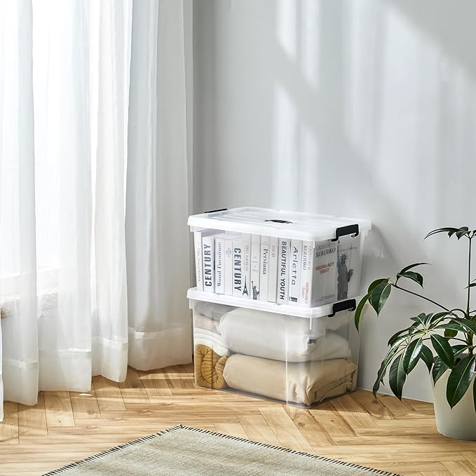Cetomo Plastic Storage Bin Box Organizing Container with Lid and Secure Latching Buckles Clear 72Qt x 6 Pack of 6