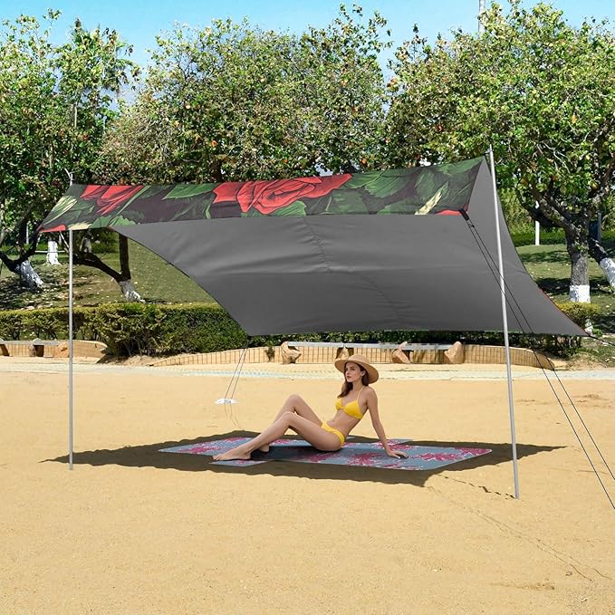 ALAZA Red Rose Flowers Beach Tent Sun Shelter UPF50+ Protection Beach Shade Canopy w/ 4 Sandbags for Outdoor Camping Fishing Backyard Fun Picnic 10x9 ft