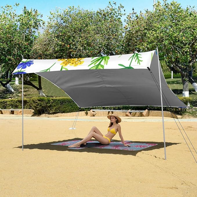 Beach Canopy with Windproof Ropes &amp Sandbags Beach Tent Sun Shade Sun Shelter for Camping Trips Fishing Backyard Fun or Picnics Botanical