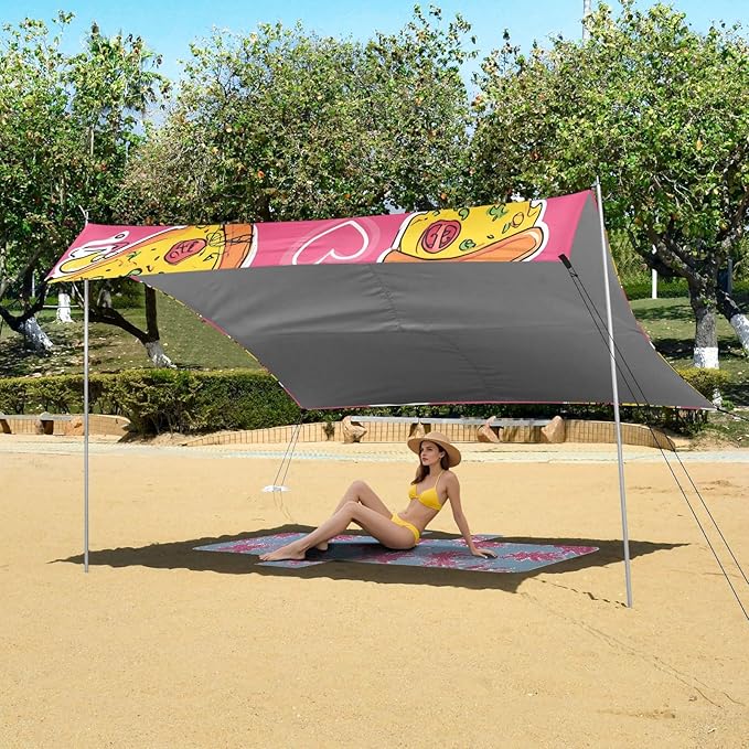 ALAZA Pizza Pink Love Pattern Beach Tent Sun Shelter Portable Canopy Sunshade for Outdoor Camping Picnics Backyard Fun 10x9 ft