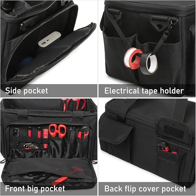 15-Inch Tool Bag Multi-purpose Tool Organizer Bag For Men with Shoulder Strap Tactical Range Bag Work Tote for Repairman Carpenters Handymen (Black)
