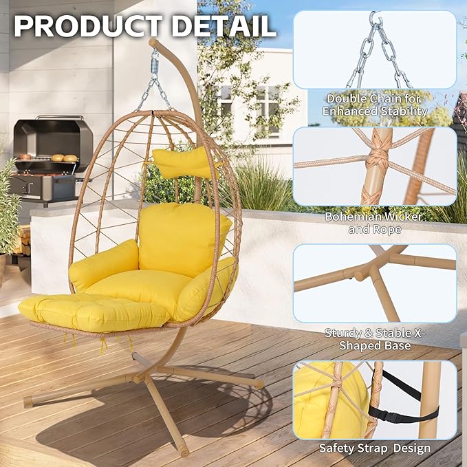 Hanging Egg Chair with Stand Outdoor Indoor Patio Rattan Swing Hammock Chairs with Washable Cushion PE Wicker Swing Chair for Backyard Bedroom Garden (Yellow + Yellow Cushion with Footrest)