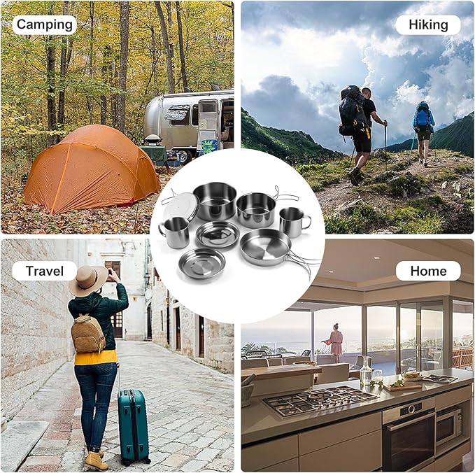 Stainless Steel Camping Cookware Mess Kit - Portable Backpacking Cooking Set with Pot/Plates/Cups &amp Storage Bag Outdoor Cookware for Hiking Picnic Camping &amp Backpacking Adventures（8PCS）