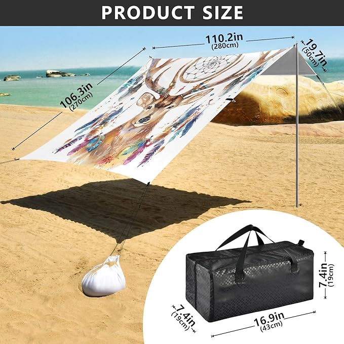 ALAZA Deer Boho Chic Style Dream Catcher Beach Tent Sun Shelter Portable Canopy Sunshade for Outdoor Camping Picnics Backyard Fun 10x9 ft