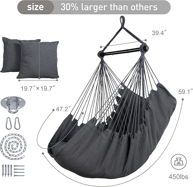 SUNCREAT Hammock Chair Swing with Steel Support Bar Side Pocket Large Hanging Chair Outdoor Max 450lbs Capacity Dark Gray