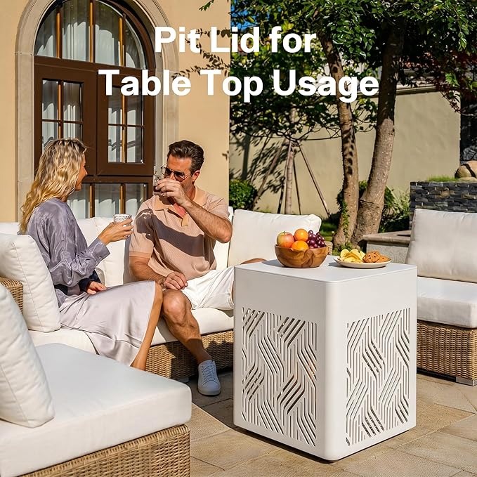 18 Aluminum Propane Fire Pit Table with 45000 BTU Square Outdoor Gas Fire Table with Glass Wind Guard Glass Stones &amp Waterproof Cover Patio Fire Table for Balcony Backyard Porch White