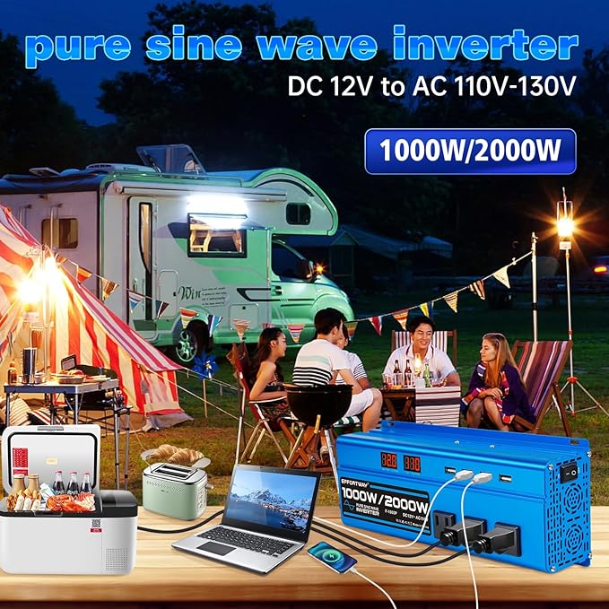 1000W Pure Sine Wave Inverter DC 12V to AC 110V/120V Converter 2000w (Peak) Car Power Converter with 3 AC Outlets 4USB PortPower Inverter for Car Truck Home Vehicles Laptop
