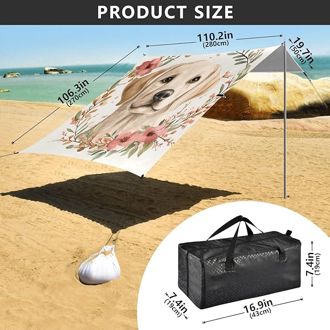 ALAZA Cute Labrador with Floral Frame Beach Tent Sun Shelter Portable Canopy Sunshade for Outdoor Camping Picnics Backyard Fun 10x9 ft