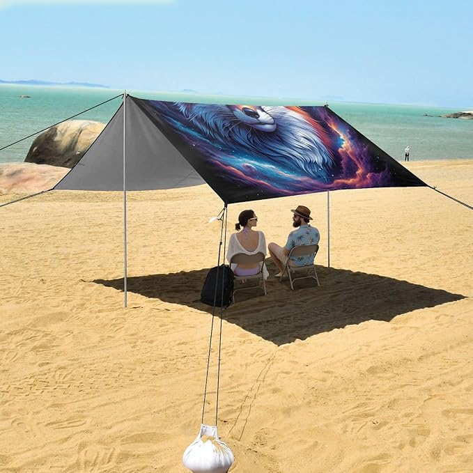 ALAZA Fox Head in Nebula Beach Tent Sun Shelter UPF50+ Protection Beach Shade Canopy w/ 4 Sandbags for Outdoor Camping Fishing Backyard Fun Picnic 10x9 ft