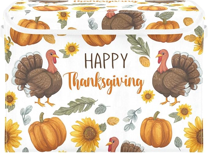 Storage Bins with Lids Storage Containers Box Organizer Bin Basket with Handles for Closet Shelves Clothes Stackable Foldable Decorative Thanksgiving Turkeys Sunflowers White