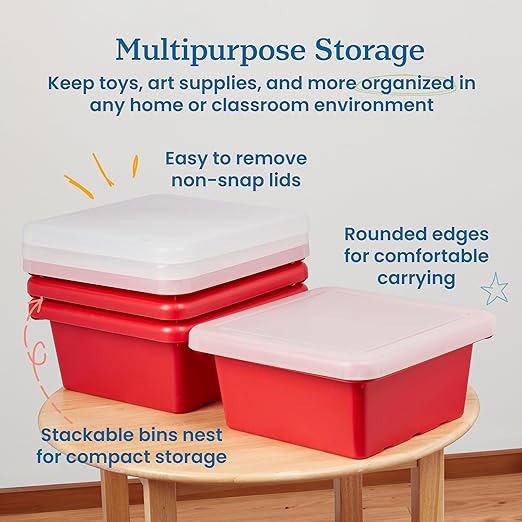 ECR4Kids Stackable Square Bins with Non-Snap Lids Multipurpose Organization Red 4-Pack